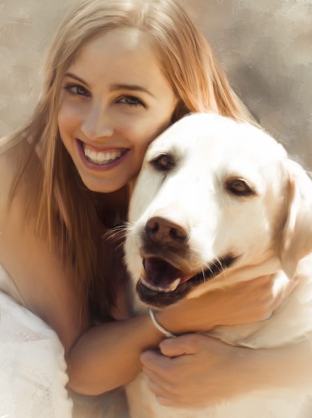 digitally hand painted portrait of young woman & dog
