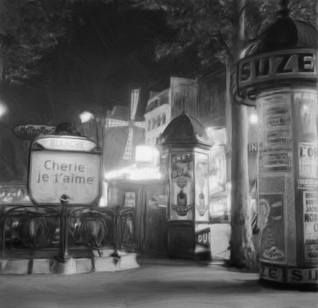 digitally painted black & white image of moulin rouge area of paris france