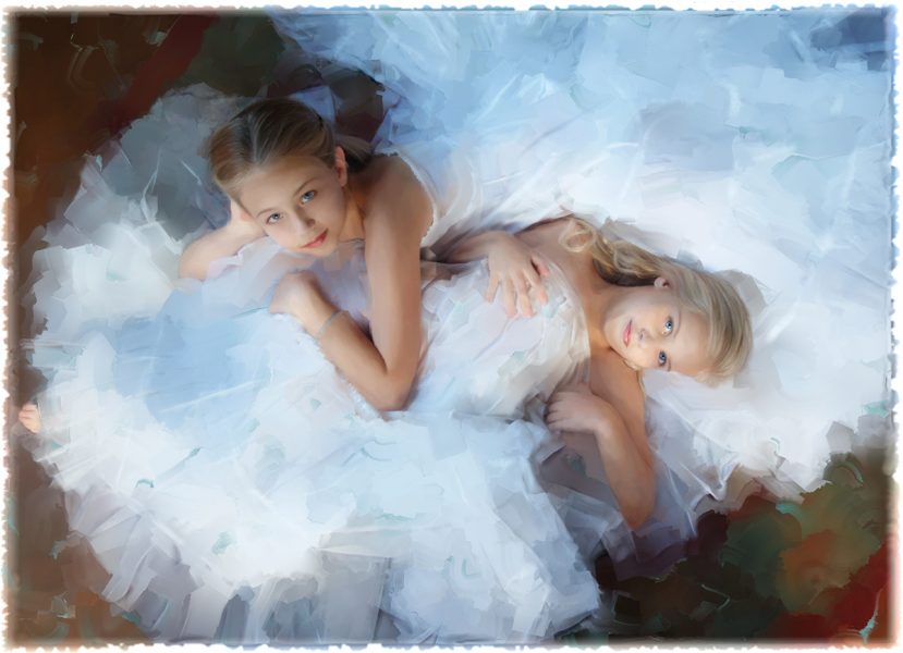 painted photo portrait of young sisters